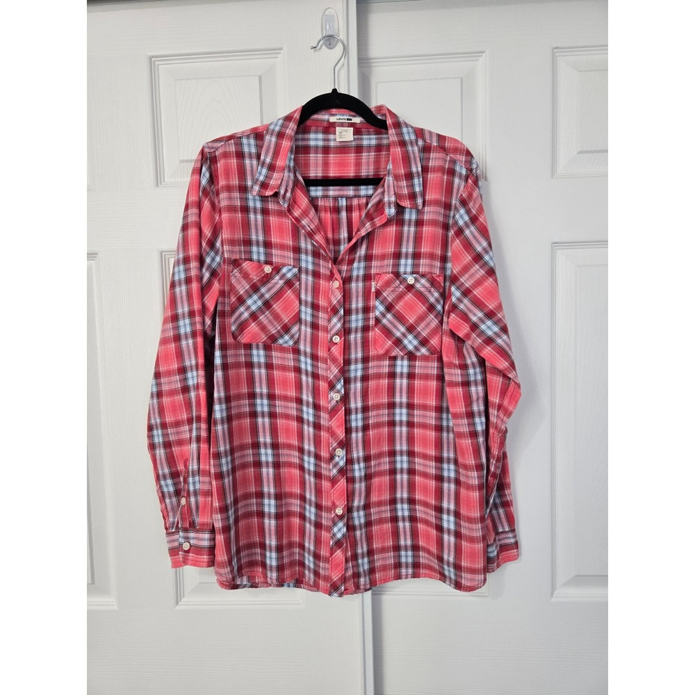 Levis Womens XL Red Pink Plaid Long Sleeve Button Down Cotton Shirt 1638